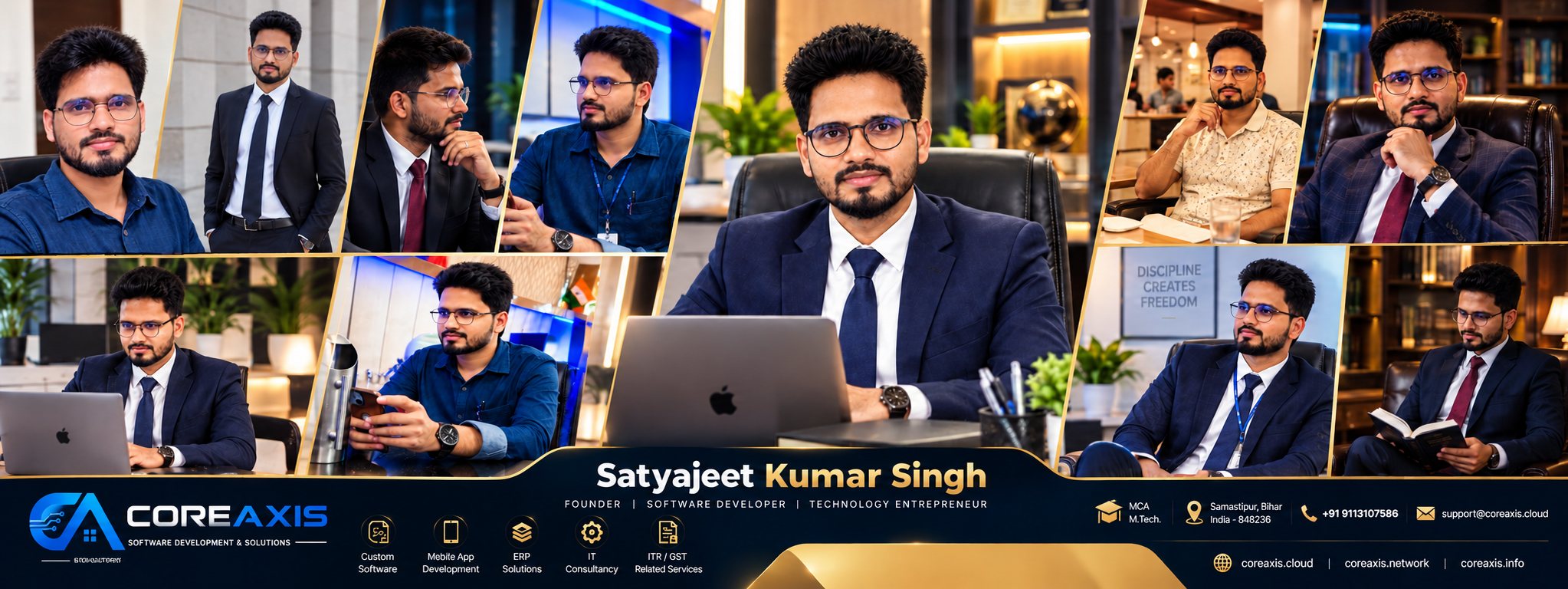 Collage of Satyajeet Kumar Singh at work — office, meetings and planning, with CoreAxis services and contact details