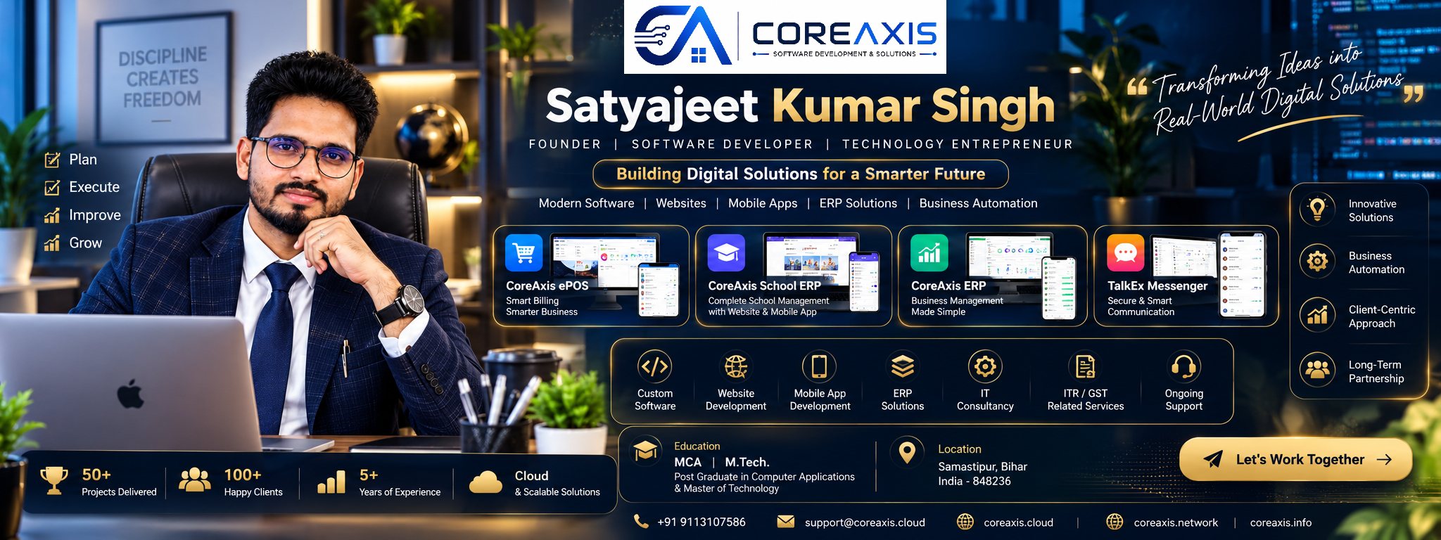 Portfolio overview of Satyajeet Kumar Singh — CoreAxis ePOS, School ERP, ERP, TalkEx Messenger, services, education and contact